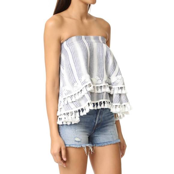 NEW TRYB women's amaris tassel trim embroidered floral strapless top in white/bl - Picture 2 of 3